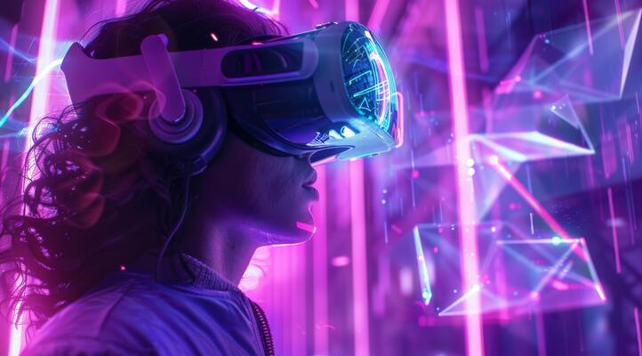 a user is fully immersed in a vivid virtual reality environment with advanced vr goggles surrounded by glowing geometric shapes that enhance the experience and evoke a deep sense of wonder photo